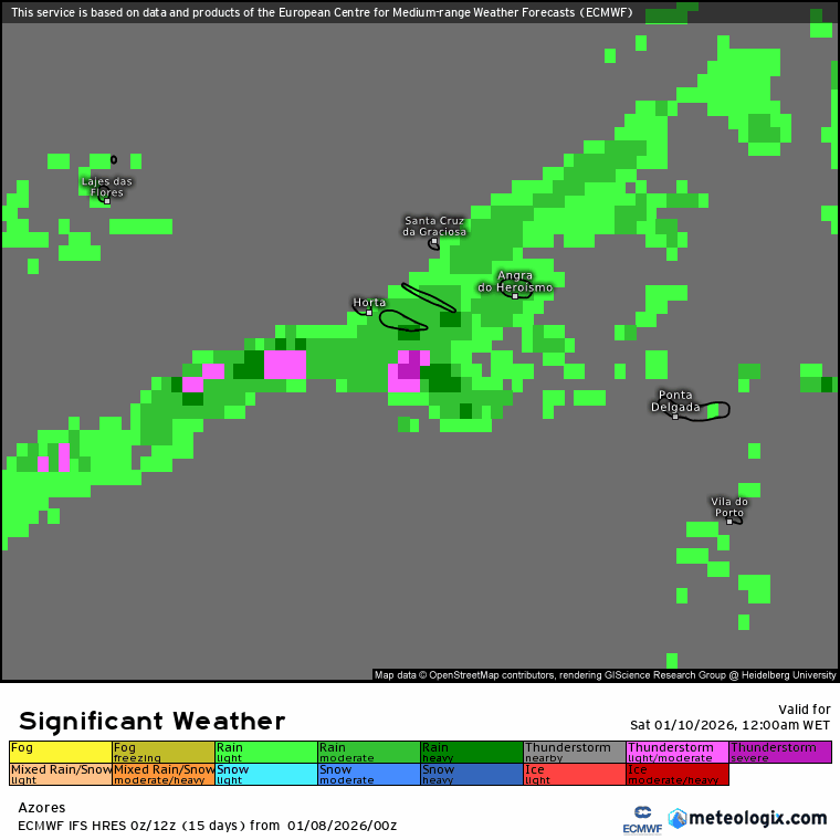 Rio atmosférico no Atlântico, e uma crista anticiclónica sobre Portugal - tempo húmido, e chuva em algumas regiões - saiba a previsão do tempo no fim-de-semana, 10 e 11 de janeiro Evolução da chuva (verde) e trovoadas (roxo) nos Açores neste fim-de-semana