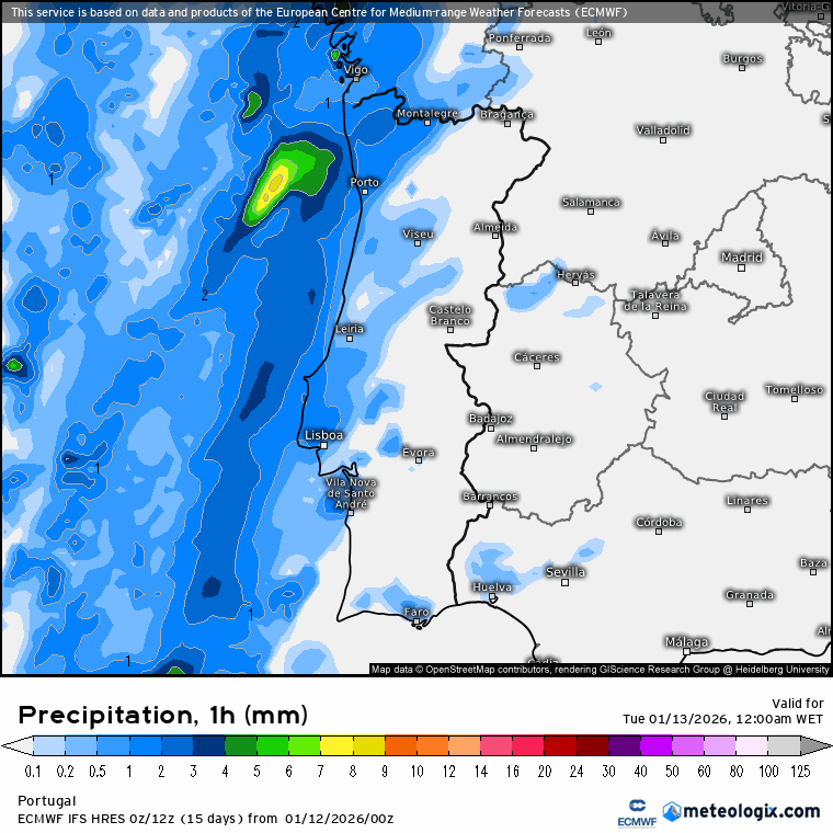 Madrugada será de condições atmosféricas adversas em boa parte do país - como será, depois, o tempo na terça, 13 de janeiro? Saiba a nossa previsão completa! Evolução da chuva prevista, hora a hora, em Portugal, na terça-feira