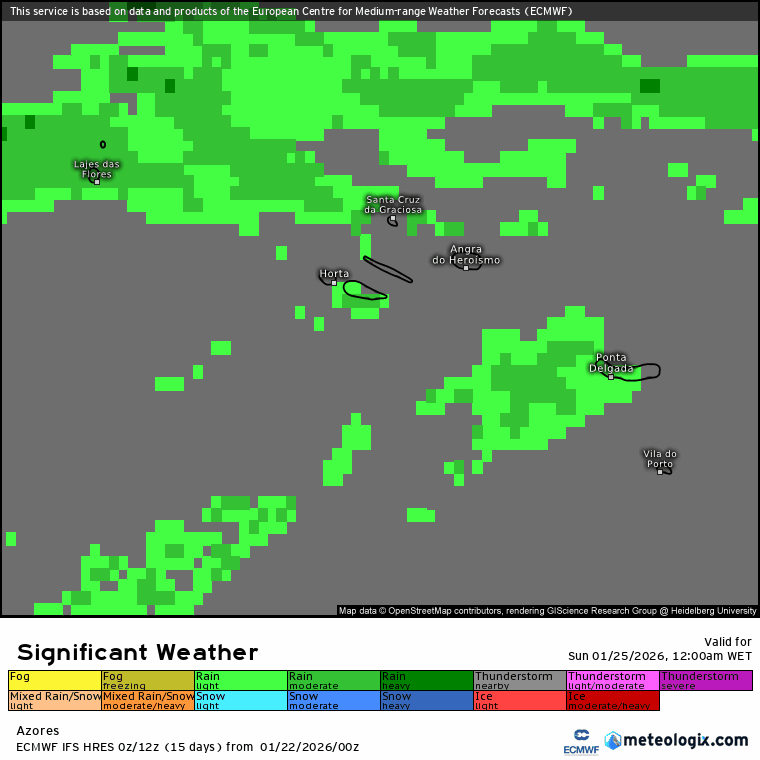 Evolução da chuva (a verde) e trovoada (roxo) segundo a previsão ECMWF no Domingo, nos Açores