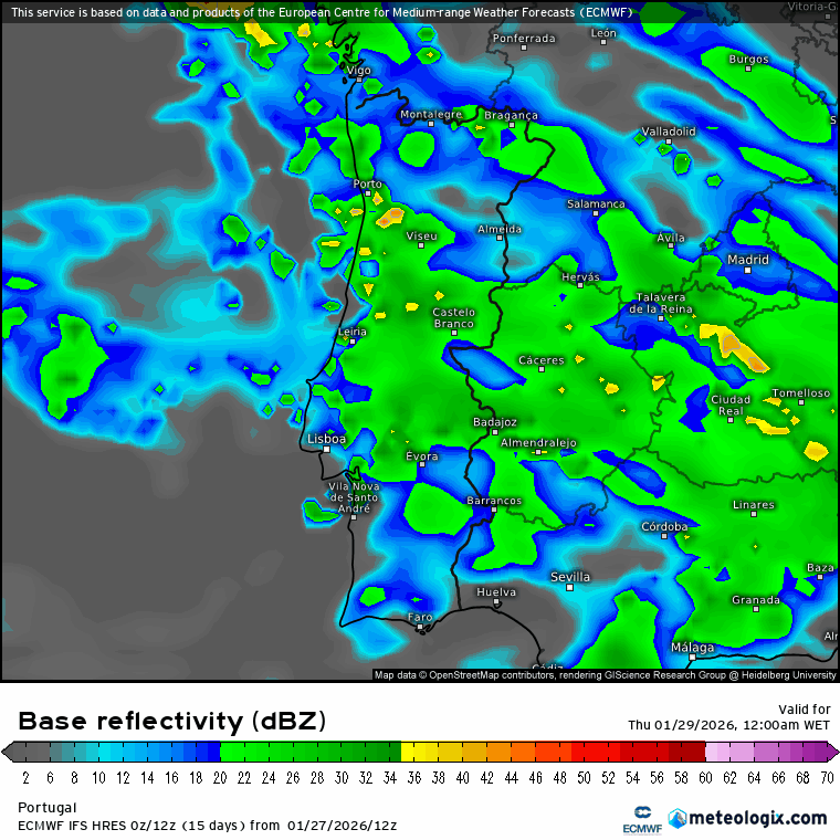 A chuva não dá tréguas, e continua a cair persistentemente - várias frentes associadas a perturbações do jato polar - tempo na quinta e sexta - 29 e 30 de janeiro Evolução de precipitação para Portugal Continental - simulação radar modelo ECMWF -29-30 de janeiro