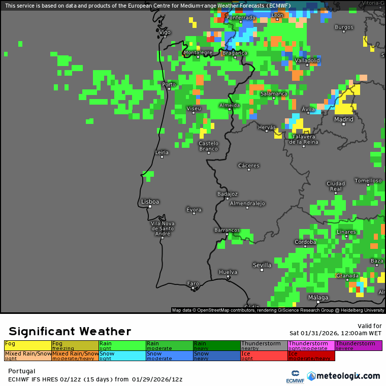 "Jetstream" muito intenso e afastamento do anticiclone continuam a provocar situações de mau tempo em Portugal - conheça a previsão do tempo no fim-de-semana, 31 de janeiro e 1 de fevereiro Evolução prevista para este sábado - precipitação (verde) e nevoeiro (amarelo)