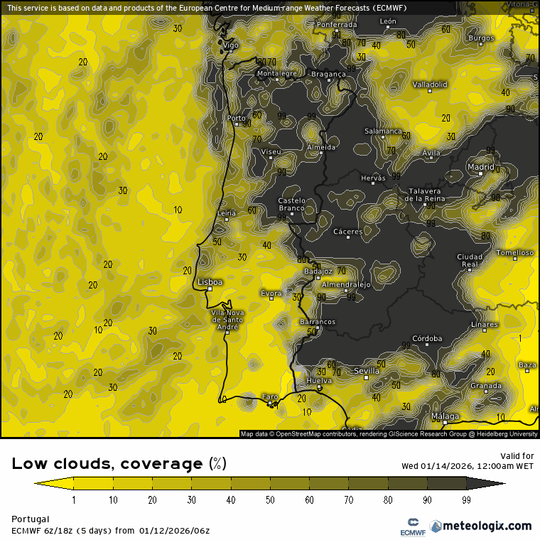 Aproveite o tempo mais seco, antes de uma nova mudança brusca, com jato polar meridional, que nos pode conduzir ao "melhor" do Inverno... saiba a previsão do tempo na quarta, 14 de janeiro de 2026 Evolução da nebulosidade ao longo do dia de quarta-feira - ECMWF - mais sol no litoral