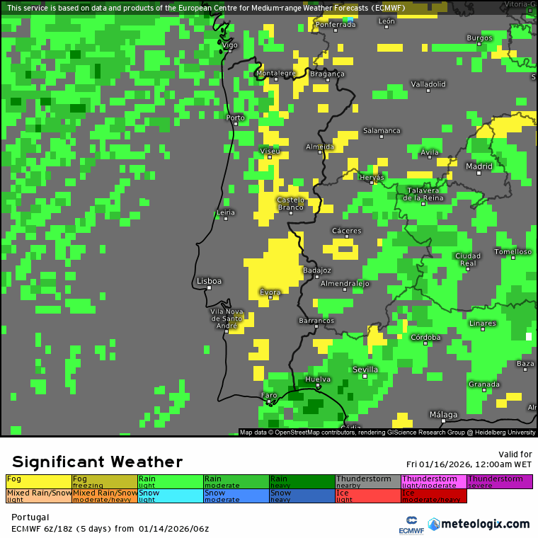 Depressão fria, de origem polar irá afetar Portugal - mais chuva, instabilidade e neve previstos - previsão do tempo na sexta e sábado, 16-17 de janeiro de 2026 Evolução do tempo na sexta - verde (precipitação), amarelo (nevoeiro), e roxo (trovoadas)