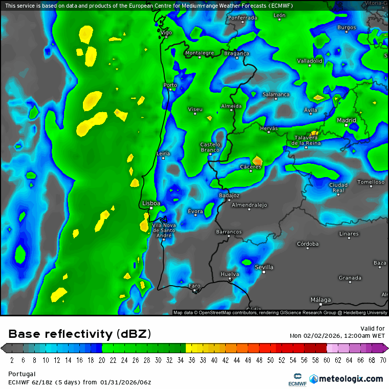 Sistema depressionário complexo traz mais uma frente com chuva e vento forte - mais uma madrugada de mau tempo - previsão do tempo na segunda, 2 de fevereiro Evolução da instabilidade para esta segunda-feira - simulação de refletividade em radar