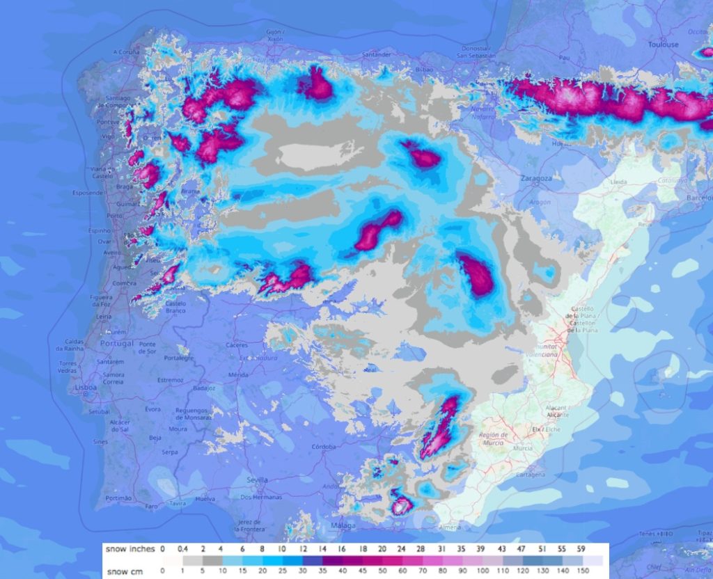 Acumulado de neve nos próximos dias - produto baseado no modelo WRF, produzido pela MeteoExploration - alguma da neve derrete no domingo (excepto nos pontos altos da Estrela, onde continua a acumular)