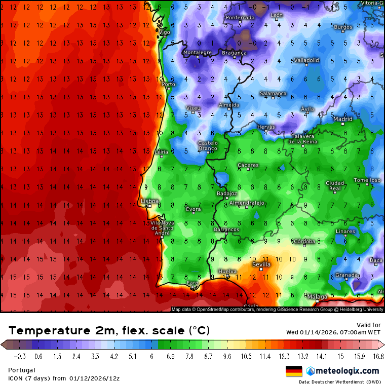 Aproveite o tempo mais seco, antes de uma nova mudança brusca, com jato polar meridional, que nos pode conduzir ao "melhor" do Inverno... saiba a previsão do tempo na quarta, 14 de janeiro de 2026 Temperaturas em Portugal previstas na quarta-feira - modelo alemão DWD - ICON