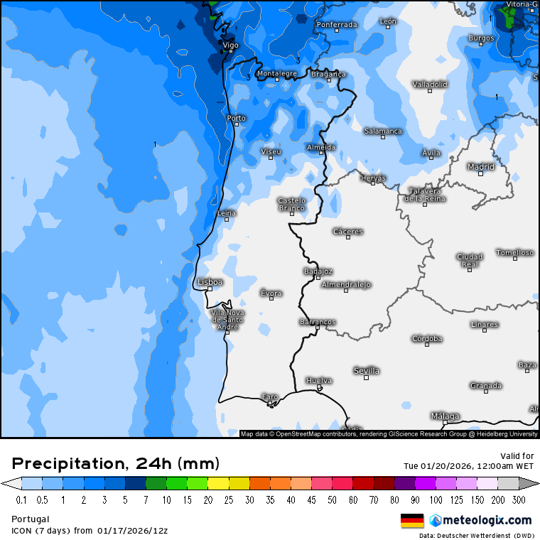 Tempestade no Mediterrâneo, com alta pressão a formar-se sobre a Escandinávia - saiba como estará o tempo em Portugal nos dias 19 e 20 de janeiro de 2026 Previsão total acumulada na segunda-feira, dia 19 de janeiro segundo o modelo DWD-ICON
