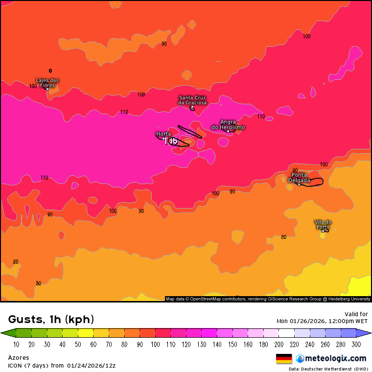 Mau tempo - Nova tempestade (Joseph?) afeta o tempo na segunda em Portugal - 26 de janeiro- podem cair 150mm de chuva, e o vento pode ultrapassar 100km/h - saiba como estará na sua região Vento forte nos Açores, na segunda, com rajadas máximas de 110km/h (superiores nas montanhas)