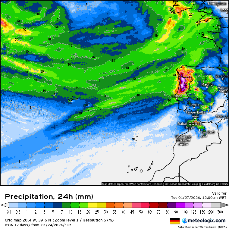 Mau tempo - Nova tempestade (Joseph?) afeta o tempo na segunda em Portugal - 26 de janeiro- podem cair 150mm de chuva, e o vento pode ultrapassar 100km/h - saiba como estará na sua região Até 150l\m2 de chuva em apenas 24h em Portugal Continental .Aguaceiros nas Ilhas - previsão DWD-ICON