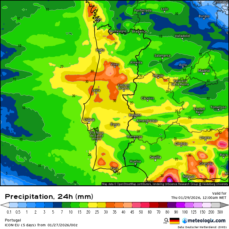 Chuva acumulada total em 24 horas - previsão ICON, quarta, 28 de janeiro