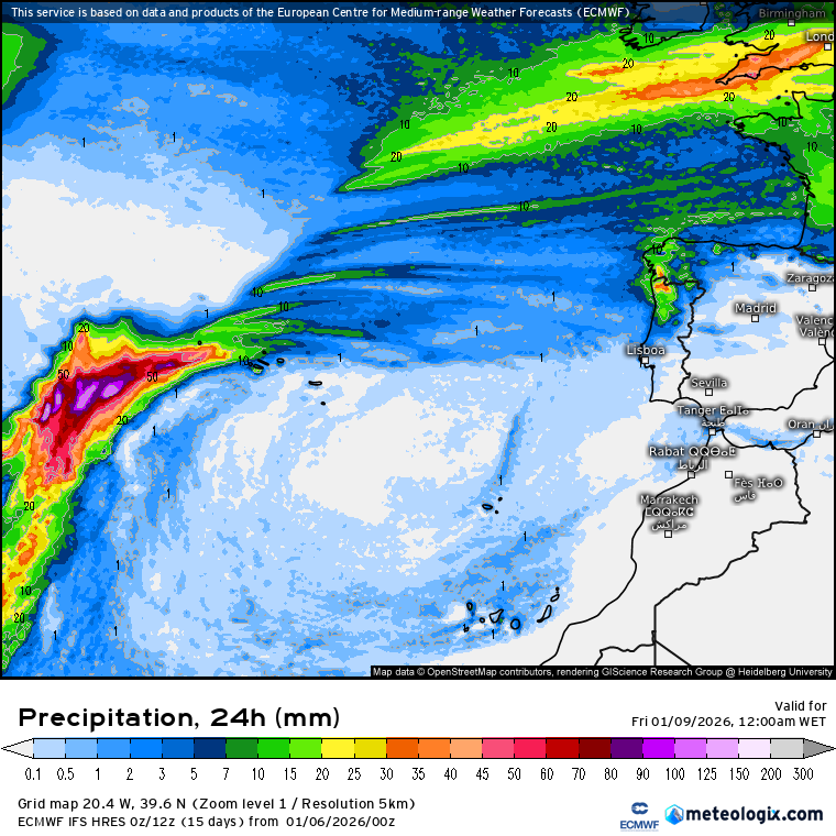 Ciclogénese explosiva (Depressão Goretti?) afeta Europa Ocidental, e Portugal recebe mais chuva e vento - saiba a previsão do tempo na quinta, 8 de janeiro, e como estará na sua região! Chuva em Portugal na quinta-feira, 8 de janeiro de 2026 - previsão ECMWF-IFS