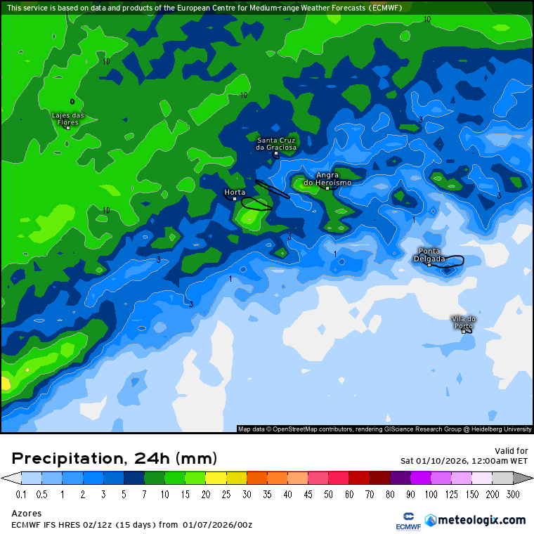 Precipitação total prevista na sexta-feira, 9 de janeiro, nos Açores