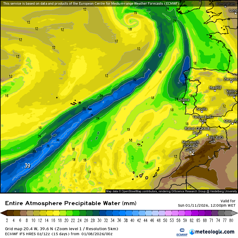 Rio atmosférico no Atlântico, e uma crista anticiclónica sobre Portugal - tempo húmido, e chuva em algumas regiões - saiba a previsão do tempo no fim-de-semana, 10 e 11 de janeiro Rio Atmosférico (pluma de água precipitável elevada) no Atlântico