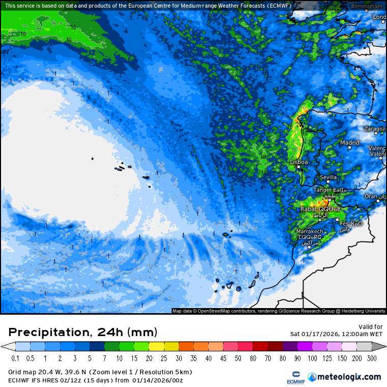 Depressão fria, de origem polar irá afetar Portugal - mais chuva, instabilidade e neve previstos - previsão do tempo na sexta e sábado, 16-17 de janeiro de 2026 Precipitação total prevista na sexta, 16 de janeiro - ECMWF