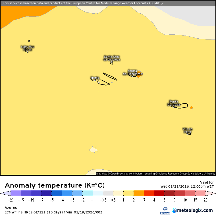 Depressão marca o tempo na quarta, 21 de janeiro em Portugal, mas as temperaturas sobem bastante - saiba as regiões onde vai haver mais chuva e vento - previsão meteorológica completa Temperaturas geralmente acima da média no arquipélago dos Açores na quarta, entre 1 a 2ºC