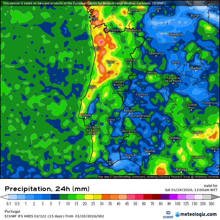Precipitação total prevista para sexta, 23 de janeiro - ECMWF, via Meteologix