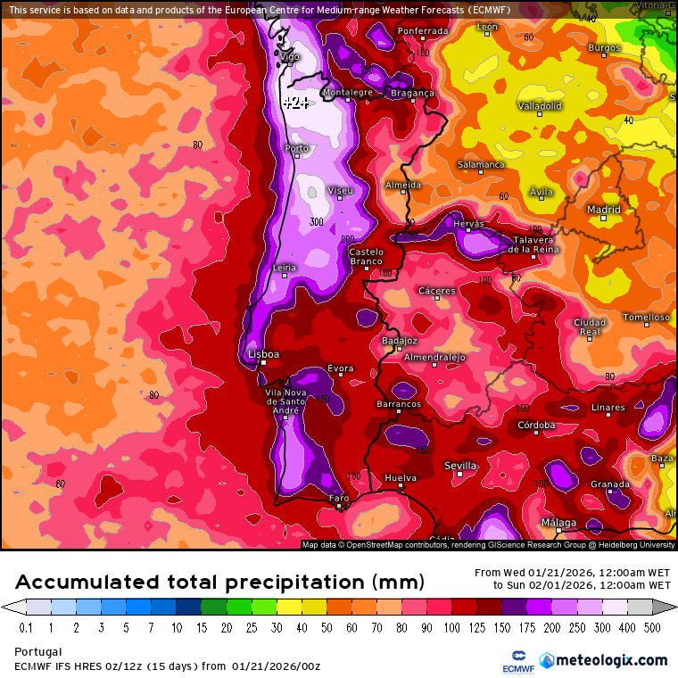 Quer saber onde vai nevar em Portugal? A nossa previsão diz-lhe tudo o que precisa de saber sobre o grande nevão nos dias 23-24 de janeiro! Chuva total acumulada prevista até final de janeiro -ECMWF