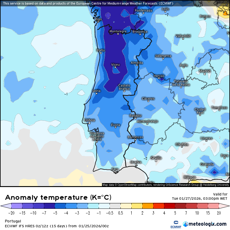 A partir da tarde as temperaturas voltam a ficar notoriamente abaixo da média - previsão ECMWF