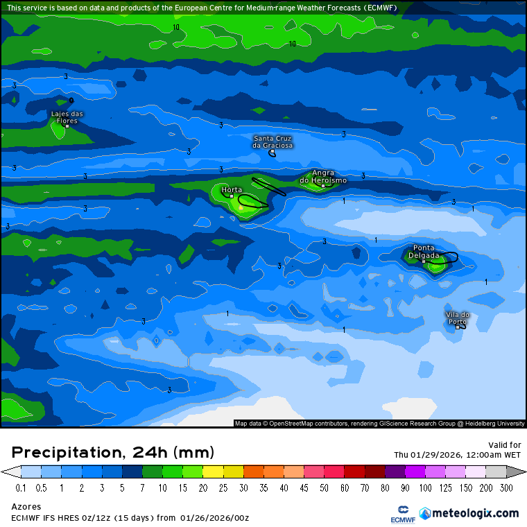 Forte ciclone afeta Portugal - risco de vento superior a 140km/h na pior tempestade de vento deste inverno - saiba a previsão do tempo na quarta, 28 de janeiro de 2026 Precipitação total prevista para esta quarta-feira, nos Açores