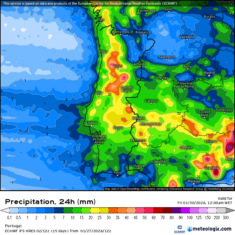 A chuva não dá tréguas, e continua a cair persistentemente - várias frentes associadas a perturbações do jato polar - tempo na quinta e sexta - 29 e 30 de janeiro Chuva total prevista pelo modelo ECMWF para esta quinta-feira - 29 de janeiro