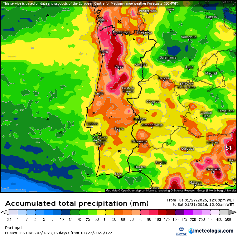 A chuva não dá tréguas, e continua a cair persistentemente - várias frentes associadas a perturbações do jato polar - tempo na quinta e sexta - 29 e 30 de janeiro Precipitação total acumulada até ao final do dia de sexta