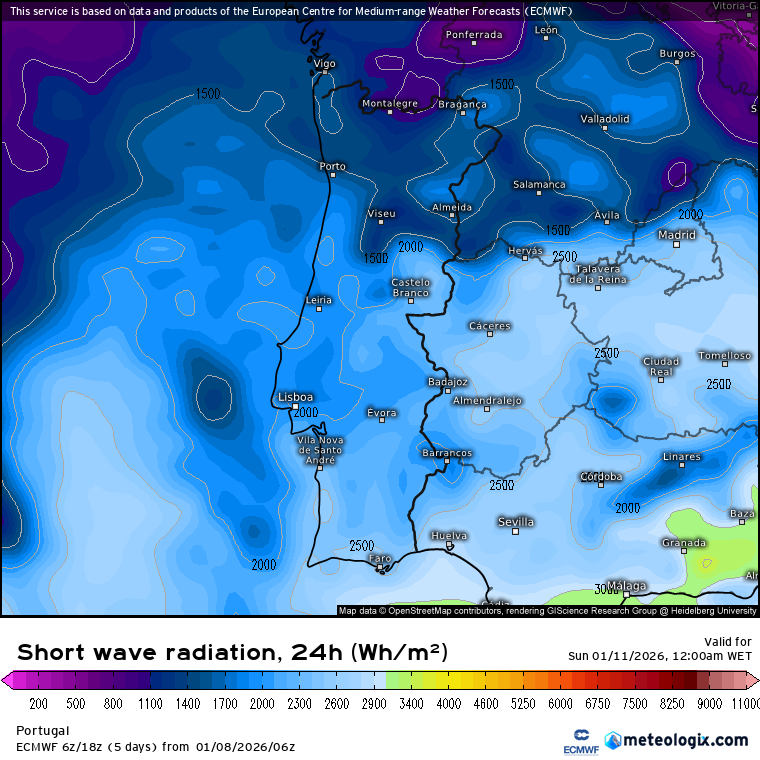 Rio atmosférico no Atlântico, e uma crista anticiclónica sobre Portugal - tempo húmido, e chuva em algumas regiões - saiba a previsão do tempo no fim-de-semana, 10 e 11 de janeiro Radiação solar incidente acima de 2000Wh\m2 em alguns locais do Centro e Sul - indica a possibilidade de abertas, que a Norte podem não existir...