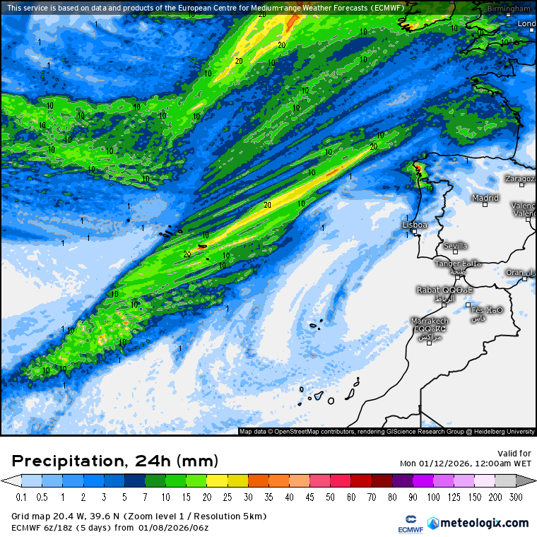 Rio atmosférico no Atlântico, e uma crista anticiclónica sobre Portugal - tempo húmido, e chuva em algumas regiões - saiba a previsão do tempo no fim-de-semana, 10 e 11 de janeiro Precipitação total prevista no domingo, 11 de janeiro