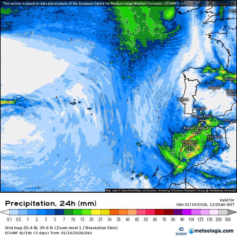 Precipitação total prevista no domingo