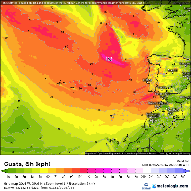 Sistema depressionário complexo traz mais uma frente com chuva e vento forte - mais uma madrugada de mau tempo - previsão do tempo na segunda, 2 de fevereiro Previsão de vento na madrugada - 00-06H - rajadas previstas (02\02\26)