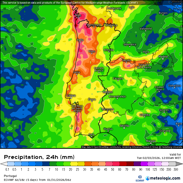 Sistema depressionário complexo traz mais uma frente com chuva e vento forte - mais uma madrugada de mau tempo - previsão do tempo na segunda, 2 de fevereiro Chuva prevista total para esta segunda, 2 de fevereiro - ECMWF