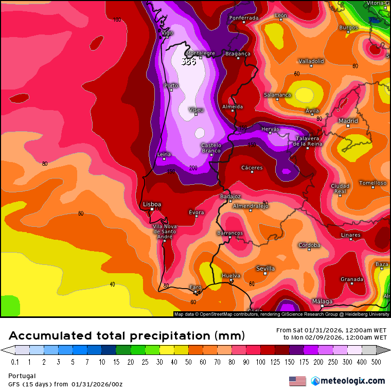 Chuva acumulada até meio do mês de fevereiro, segundo a previsão GFS