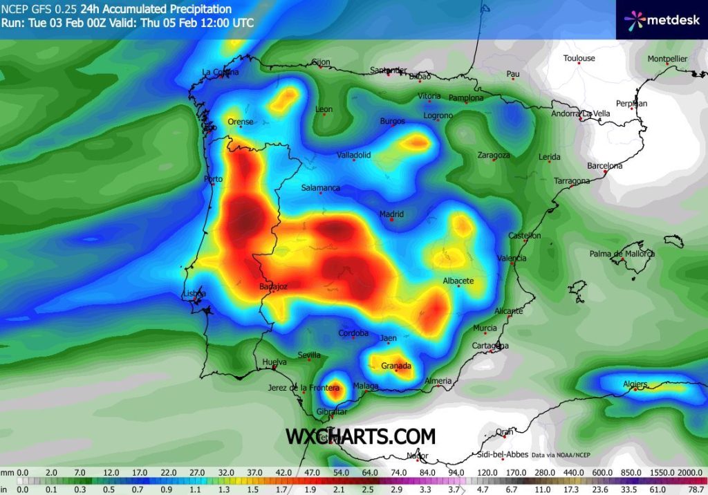 Tempestade Leonardo - Os efeitos deste novo temporal de Inverno em Portugal entre dias 3 e 5 de fevereiro - saiba onde chove mais, e onde há mais vento! Chuva prevista em 24H - entre quarta e quinta - pelo modelo GFS