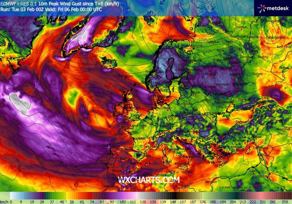 Tempestade Leonardo - Os efeitos deste novo temporal de Inverno em Portugal entre dias 3 e 5 de fevereiro - saiba onde chove mais, e onde há mais vento! Rajadas de vento máximo até final de dia 5 de fevereiro - ECMWF, via wxcharts