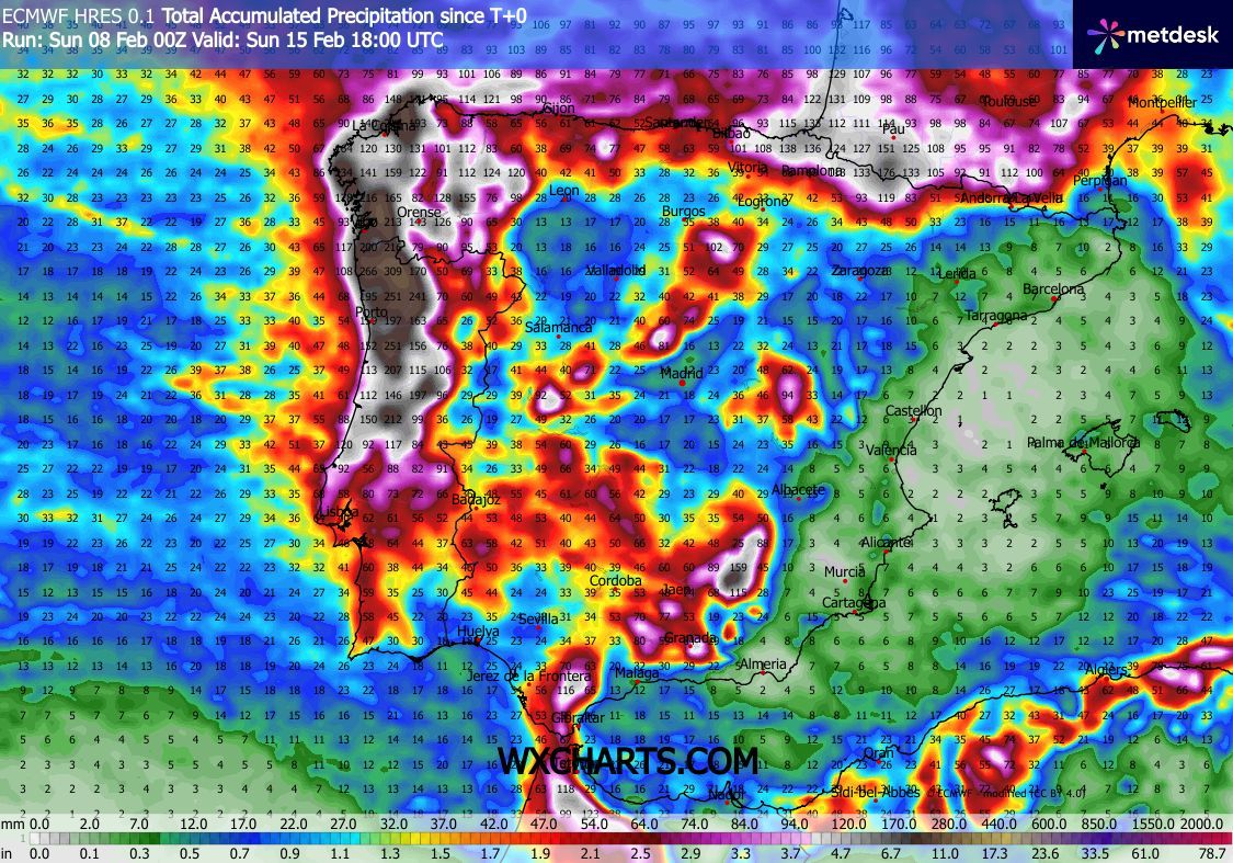 Rio Atmosférico - Acumulados totais de precipitação prevista esta semana - ECMWF, via wxcharts