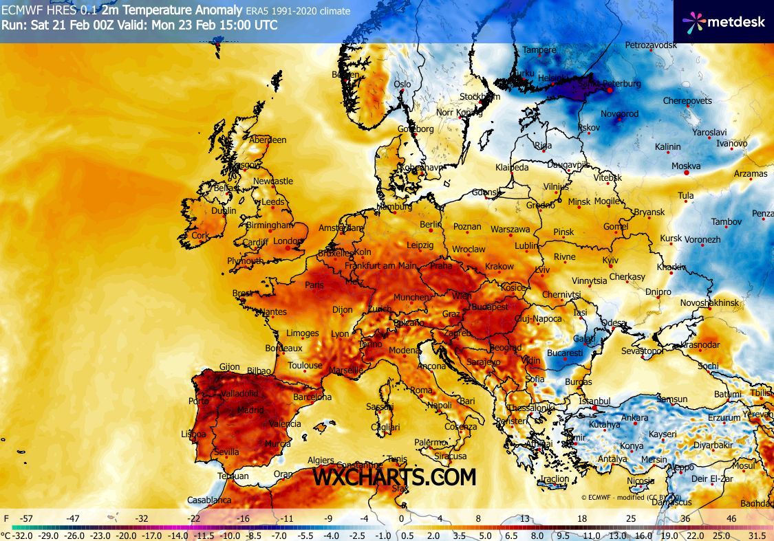 Possíveis temperaturas recorde, poeiras, e uma forte amplitude térmica nesta segunda-feira - entenda o fenómeno que pode provocar geadas... e calor! - previsão do tempo na segunda, 23 de fevereiro de 2026 Quase toda a Europa com temperaturas acima da média, com destaque para Portugal e Espanha!