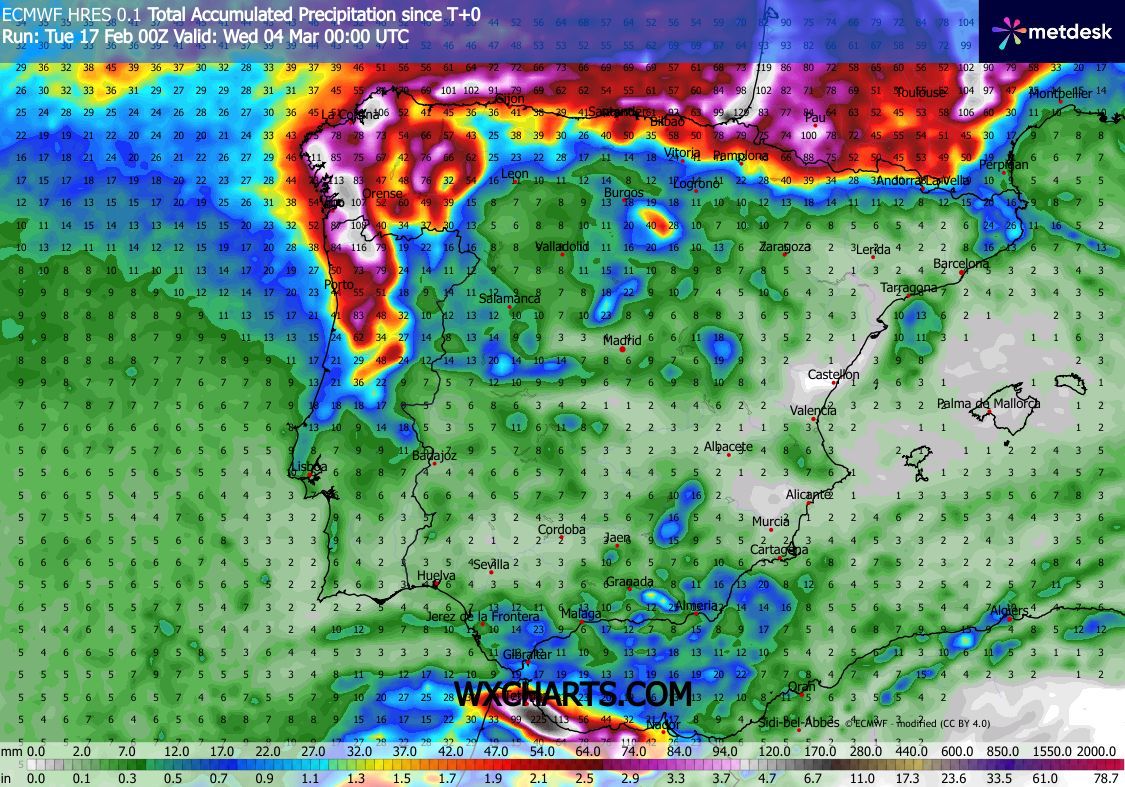 Cheias podem voltar a agravar com o Atlântico a ficar mais ativo e a chuva a continuar - o anticiclone deve ser de pouca dura - atualização das previsões Chuva acumulada até 4 de março - previsão ECMWF