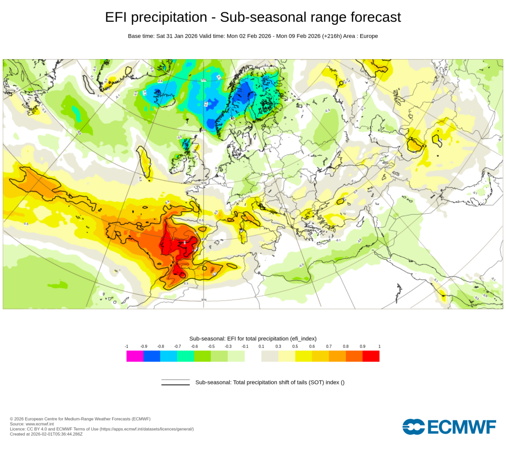 Previsão do tempo esta semana - chuvas potencialmente catastróficas, vento e trovoadas - risco extremo em Portugal entre 2 a 8 de fevereiro Carta de extremos pelo modelo ECMWF - previsão de MUITA chuva com rios atmosféricos significativos