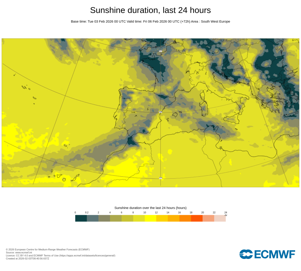 Tempo na quinta, 5 de fevereiro - Rio atmosférico, vento forte e ondas gigantes - pico da depressão Leonardo em Portugal, com risco extremo de cheias Previsão de duracão da luz solar na quinta-feira - ECMWF