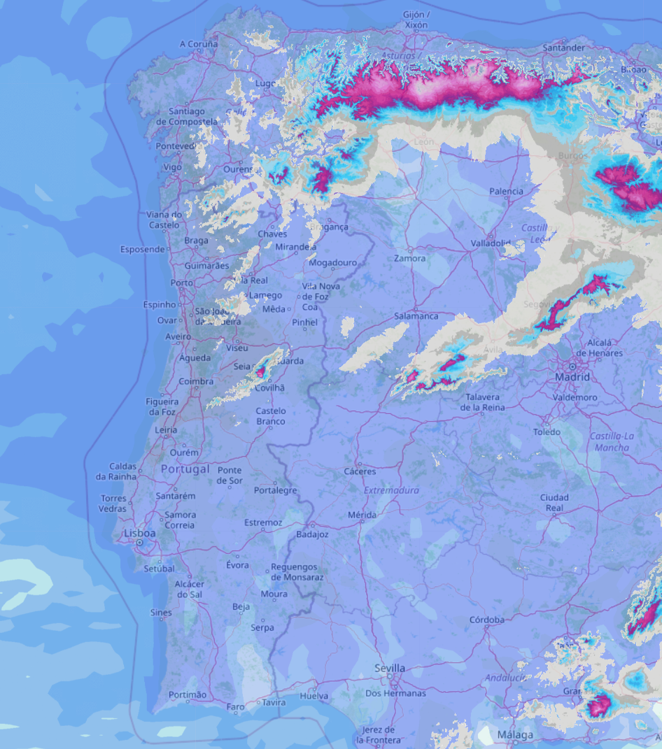 Mau tempo (outra vez): depressão traz chuva, neve, vento e trovoadas - saiba a previsão do tempo na sexta, 13 de fevereiro de 2026 Neve total prevista pelo modelo WRF (fonte: MeteoExploration)
