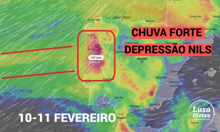 Depressão Nils traz chuva muito intensa a Portugal, e aumento dos riscos hidrogeomorfológicos – saiba como estará o tempo na segunda e terça (10-11 de fevereiro) Depressão Nils traz chuva muito intensa a Portugal, e aumento dos riscos hidrogeomorfológicos - saiba como estará o tempo na segunda e terça (10-11 de fevereiro)