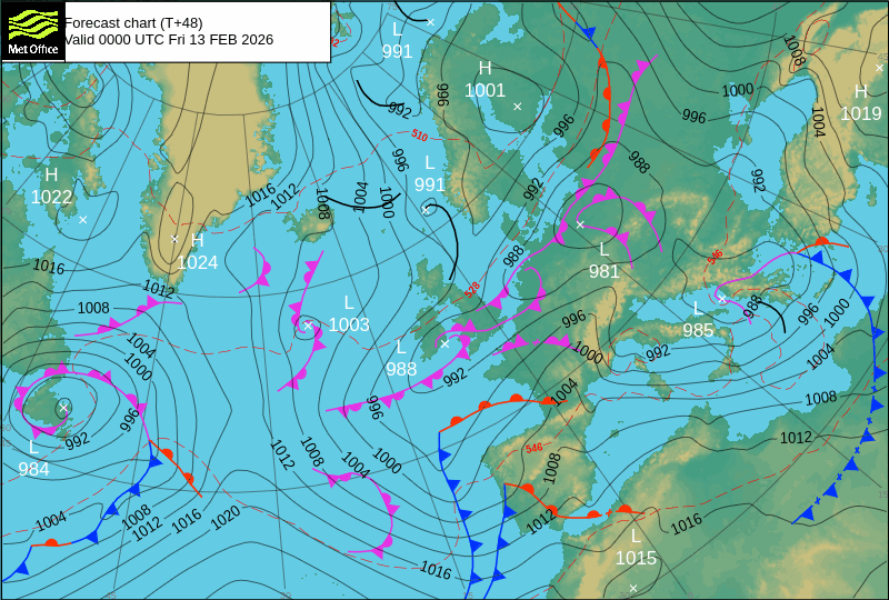 Mau tempo (outra vez): depressão traz chuva, neve, vento e trovoadas - saiba a previsão do tempo na sexta, 13 de fevereiro de 2026 Análise frontal MetOffice - novas frentes frias entre quinta e sexta-feira