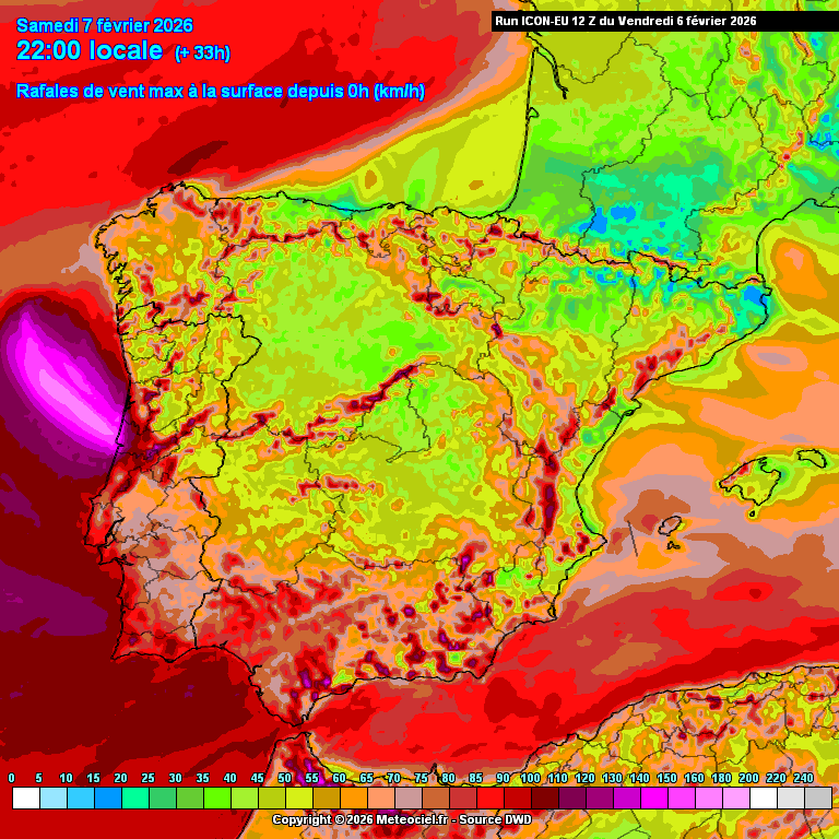 Tempestade Marta - Ciclone muito intenso, com rajadas superiores a 140km/h e chuva torrencial no sábado - saiba como estará na sua região Tempestade Marta - rajadas máximas ICON-EU