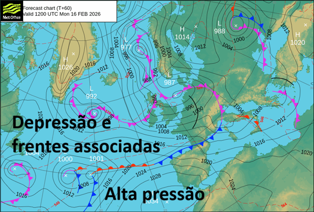 Análise frontal MetOffice, onde vemos o anticiclone sobre a Madeira, garantindo estabilidade, e as frentes que podem afetar Açores\Continente