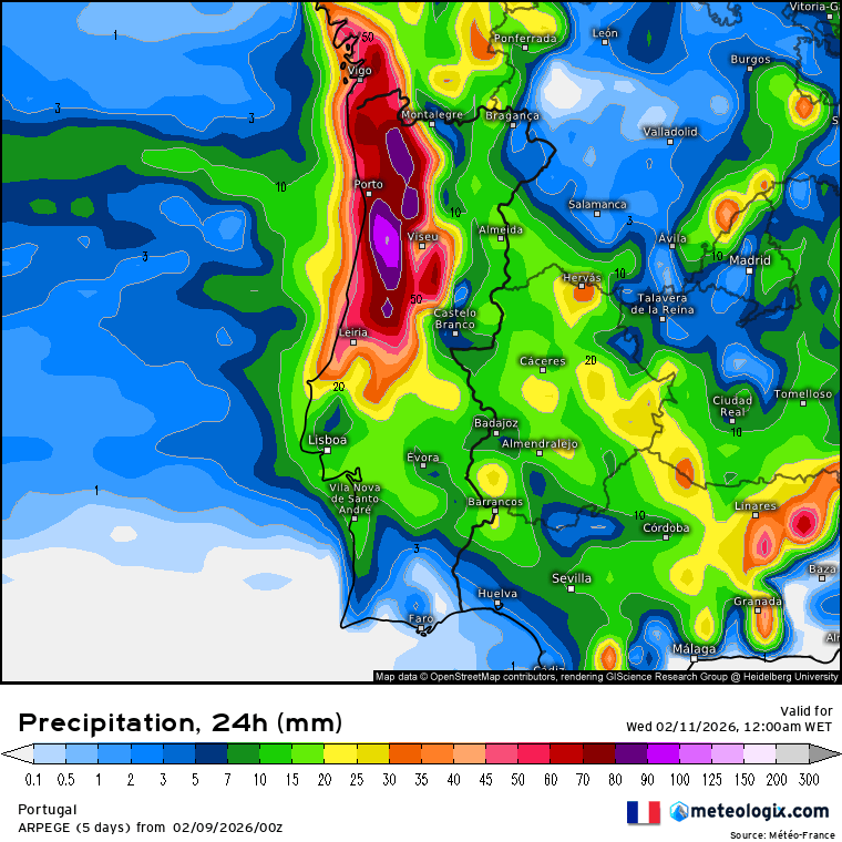 Depressão Nils traz chuva muito intensa a Portugal, e aumento dos riscos hidrogeomorfológicos - saiba como estará o tempo na segunda e terça (10-11 de fevereiro) Acumulados totais de precipitação - modelo ARPEGE - 10-11 de fevereiro