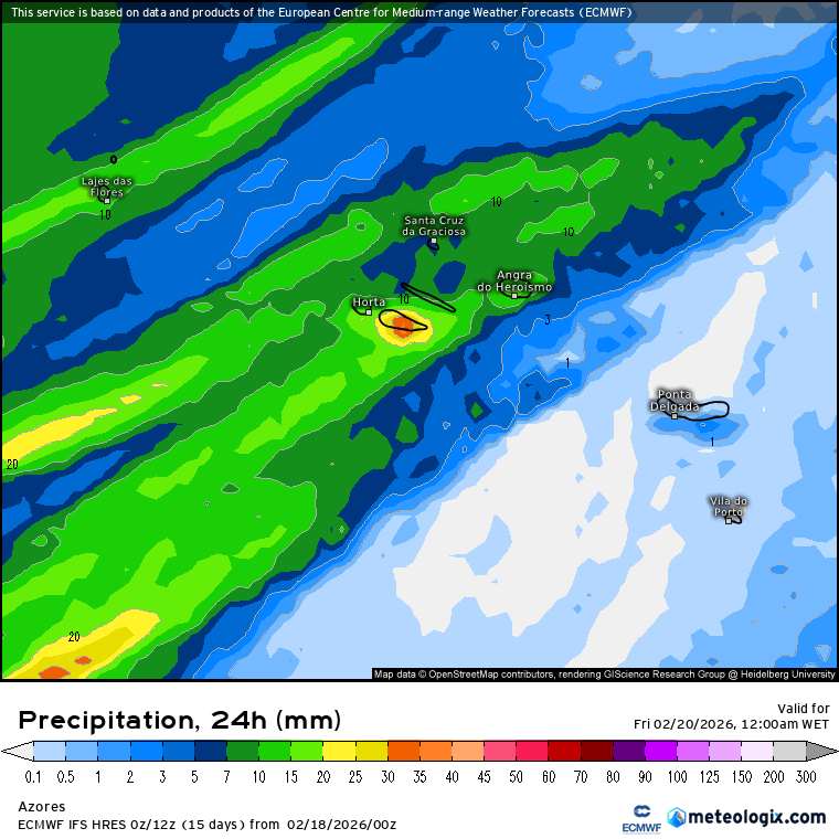 Precipitação localmente excessiva nas Ilhas Centrais dos Açores - 19-20 fevereiro - previsão ECMWF
