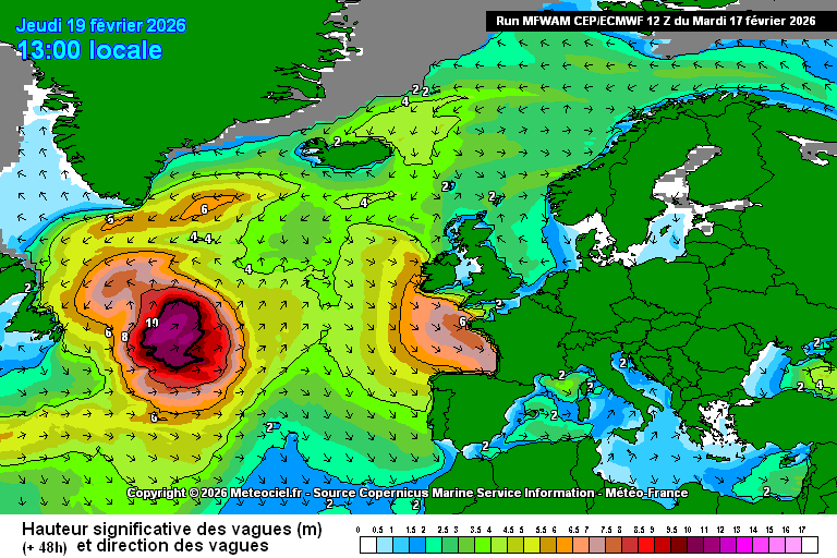 Ondulação mais elevada nos Açores e na Costa Ocidental Continental na quinta-feira, mais calmo na Madeira (previsão WAM-ECMWF, via Meteociel)