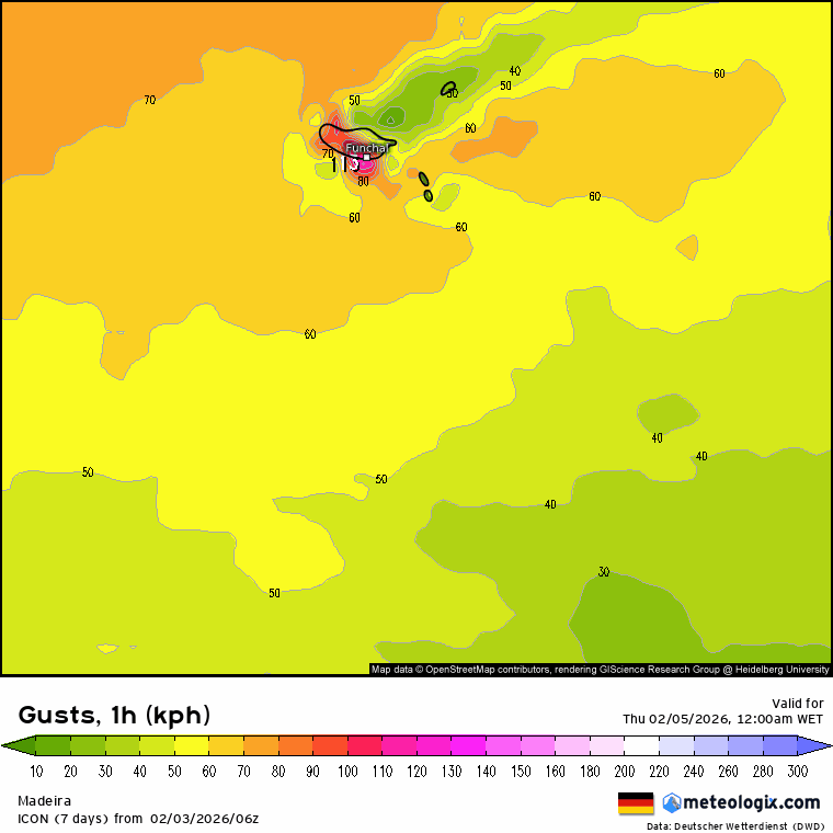 Tempo na quinta, 5 de fevereiro - Rio atmosférico, vento forte e ondas gigantes - pico da depressão Leonardo em Portugal, com risco extremo de cheias Evolução da intensidade do vento (rajadas) para esta quinta-feira - ICON-DWD