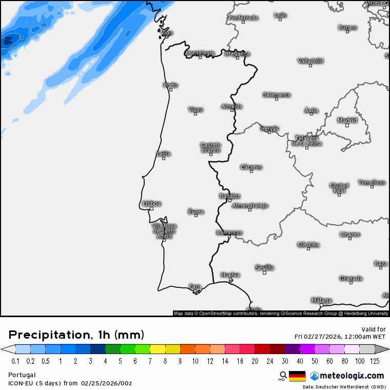 Evolução da precipitação ao longo do dia, segundo a previsão ICON-EU