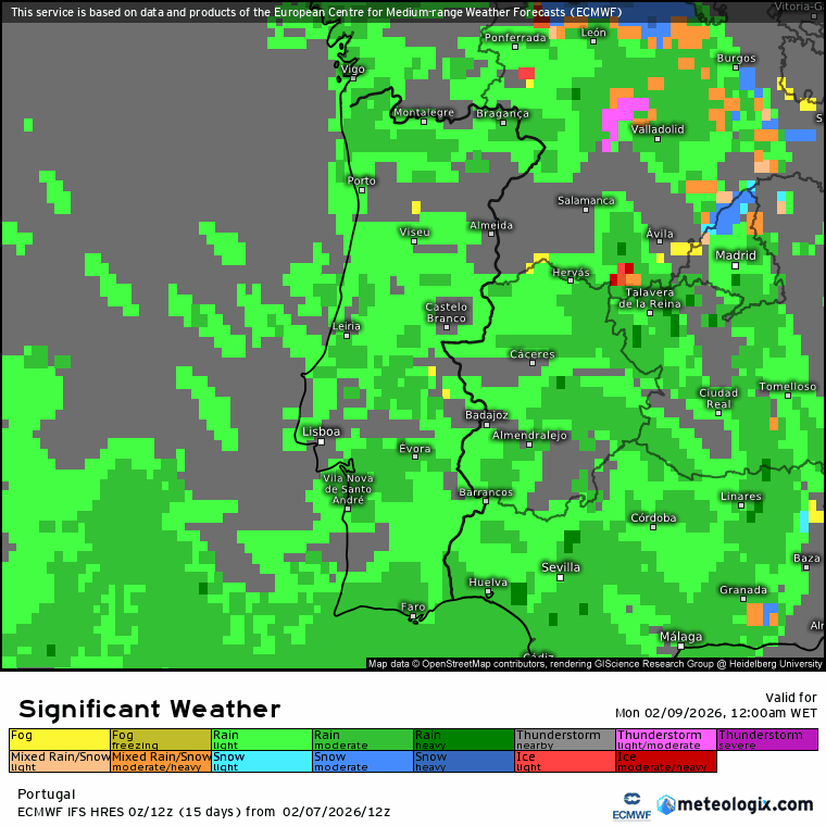 Subida das temperaturas, e ar muito húmido a iniciar a semana - saiba a previsão do tempo na segunda, 9 de fevereiro de 2026 Evolução da precipitação e nebulosidade baixa na segunda-feira (a verde a chuva, a amarelo nevoeiros)