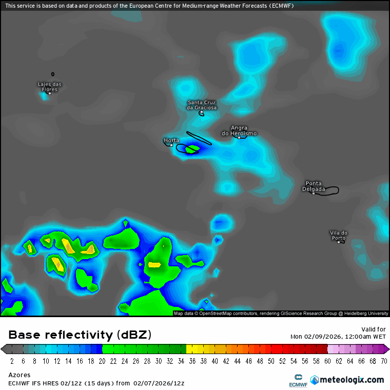 Subida das temperaturas, e ar muito húmido a iniciar a semana - saiba a previsão do tempo na segunda, 9 de fevereiro de 2026 Evolução da refletividade em radar na segunda-feira nos Açores - chuva por vezes forte - ECMWF